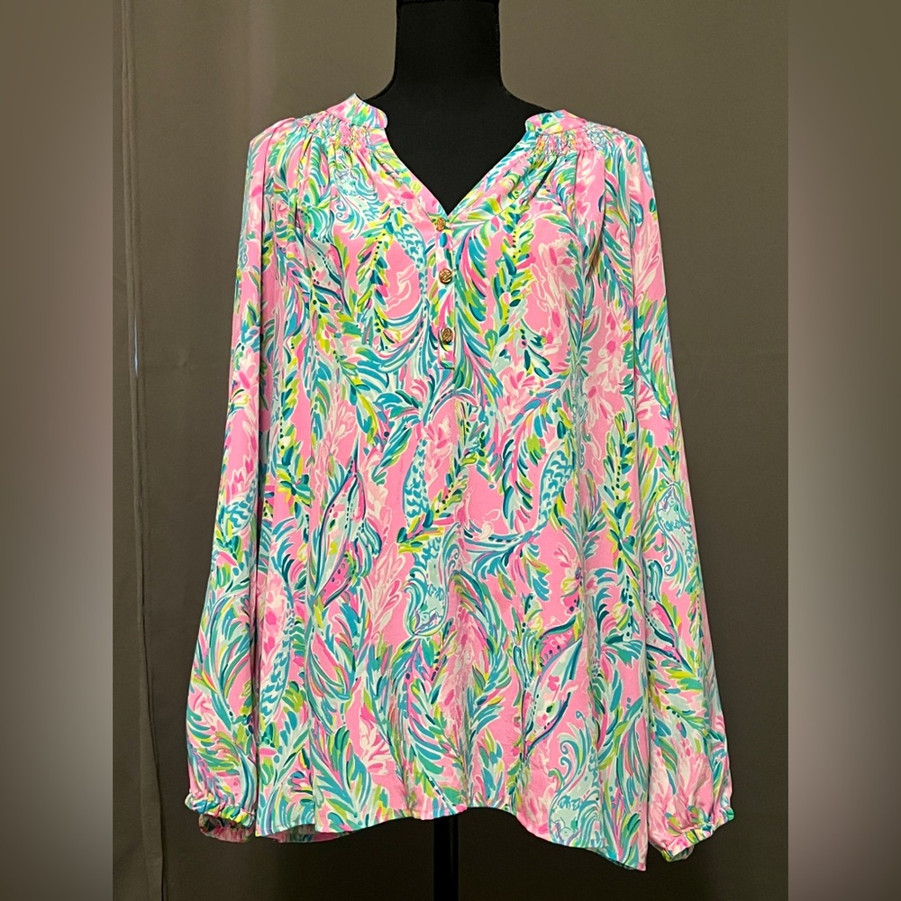 Lilly Pulitzer Elsa Silk Blouse - Unicorn of the Sea - XL